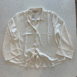 LOFT White 3/4 Sleeve Button Down Shirt with Tie Front